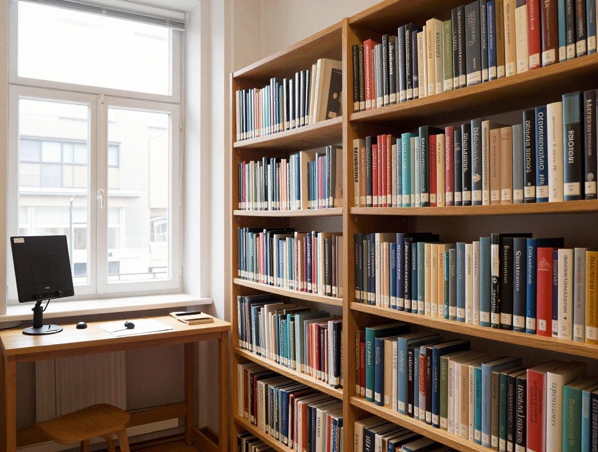 Välordnat bibliotek med böcker om vetenskap och biokemi, trähyllor fyllda med äldre volymer, mjukt varmt ljus som faller in från ett fönster och skapar ett atmosfäriskt akademiskt studieutrymme