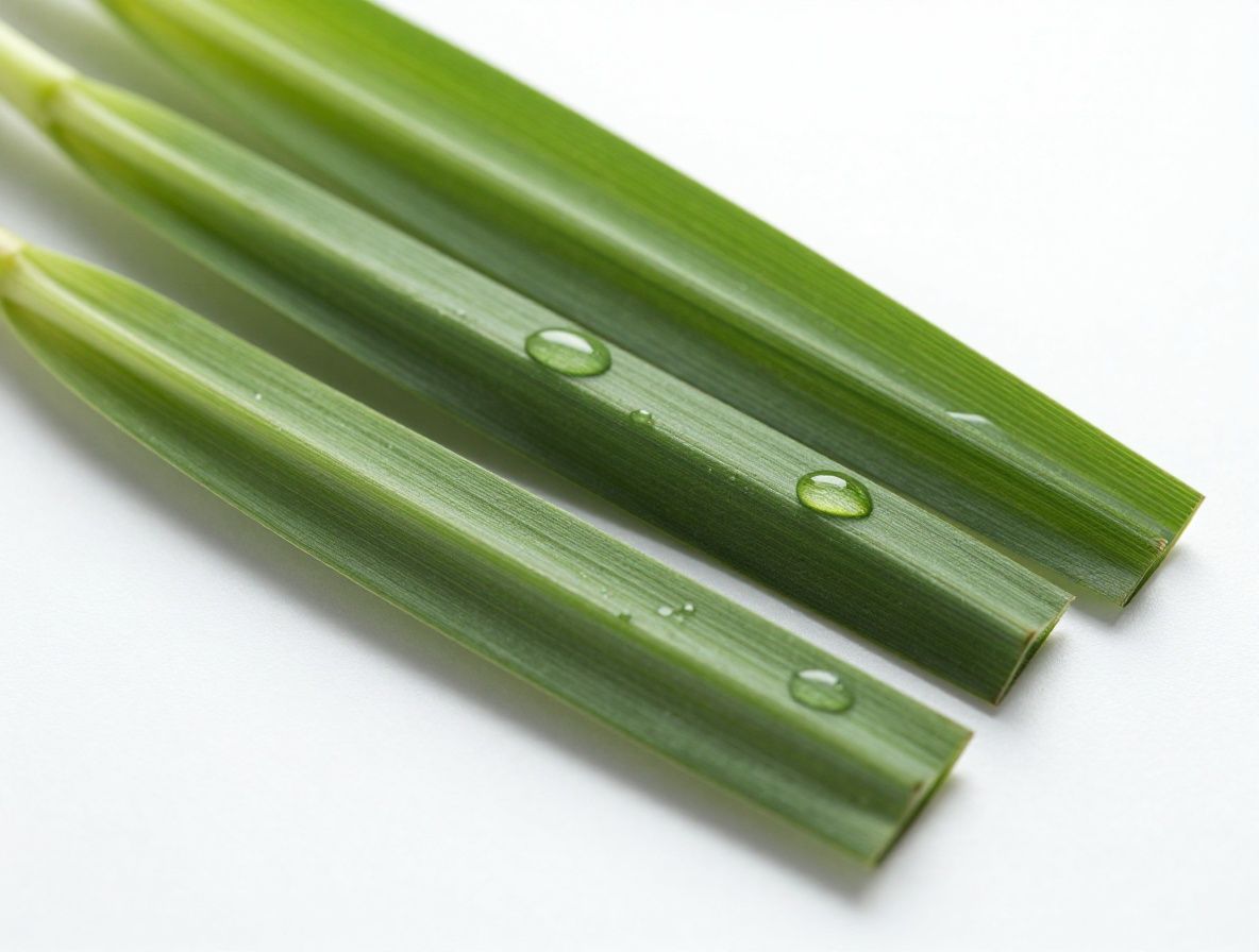 Makrofotografi av gröna medicinalväxter och örter med synliga bladstrukturer, daggdroppar och naturliga mönster fotograferade i mjukt diffust dagsljus mot neutral bakgrund